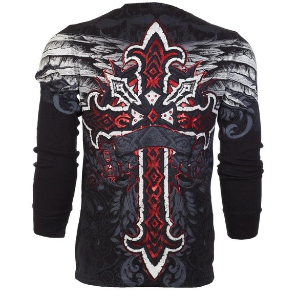ARCHAIC by AFFLICTION Men's Long Sleeve THERMAL Shirt RED FLAG Biker Black - Picture 3 of 7